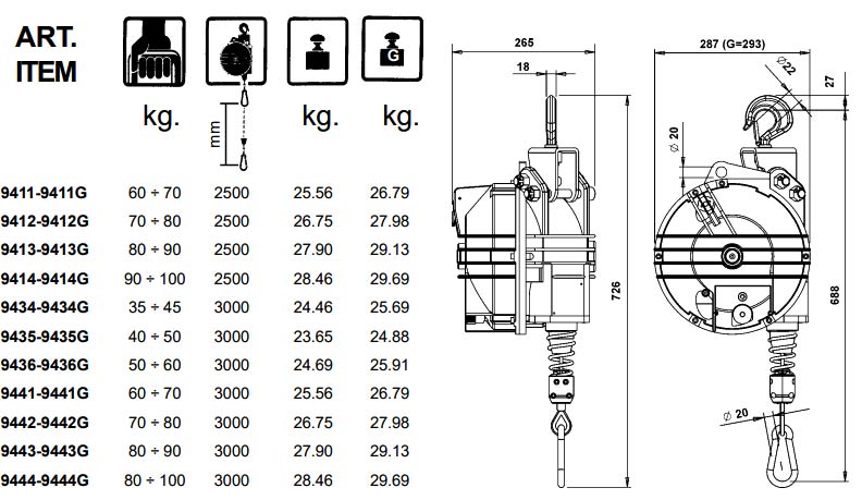  zero gravity tool balancer 60-100kg dimensions
